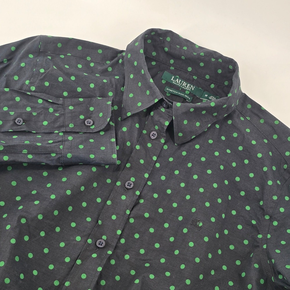 Lauren Ralph Lauren Button Down Women M Black Green Polka Dot Stretch Non Iron